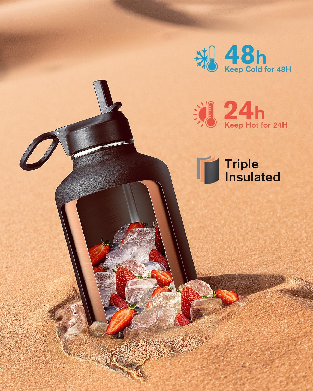 64 oz Water Bottle Insulated with Straw & 3 Lids, Coolflask Large Metal Stainless Steel Water Jug Big Half Gallon Wide Mouth for Sports, Gym or Office, Non-BPA Keep Cold 48H Hot 24H, Magic Black - Image 2