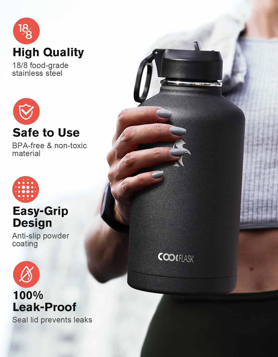 64 oz Water Bottle Insulated with Straw & 3 Lids, Coolflask Large Metal Stainless Steel Water Jug Big Half Gallon Wide Mouth for Sports, Gym or Office, Non-BPA Keep Cold 48H Hot 24H, Magic Black - Image 3