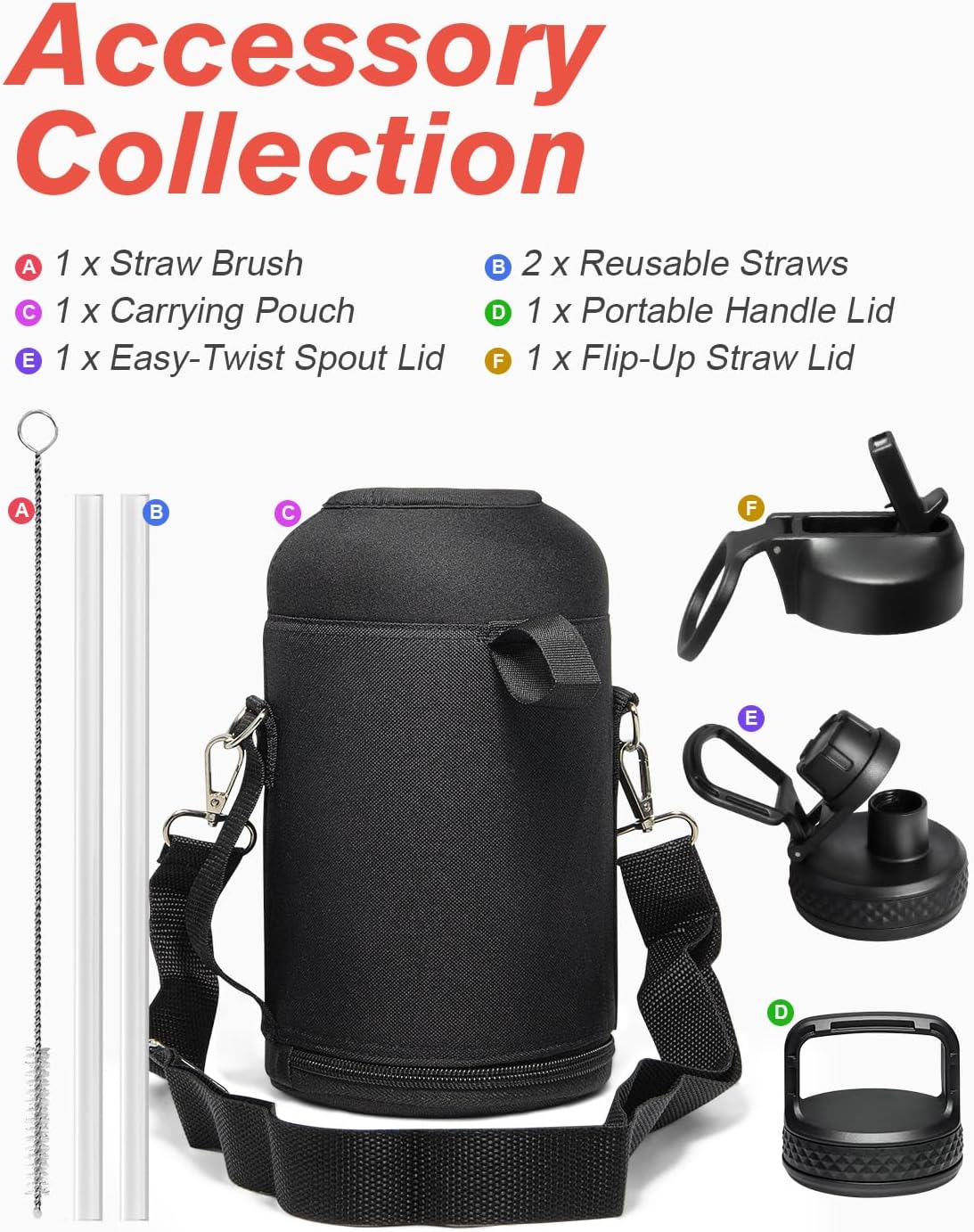 64 oz Water Bottle Insulated with Straw & 3 Lids, Coolflask Large Metal Stainless Steel Water Jug Big Half Gallon Wide Mouth for Sports, Gym or Office, Non-BPA Keep Cold 48H Hot 24H, Magic Black - Image 6