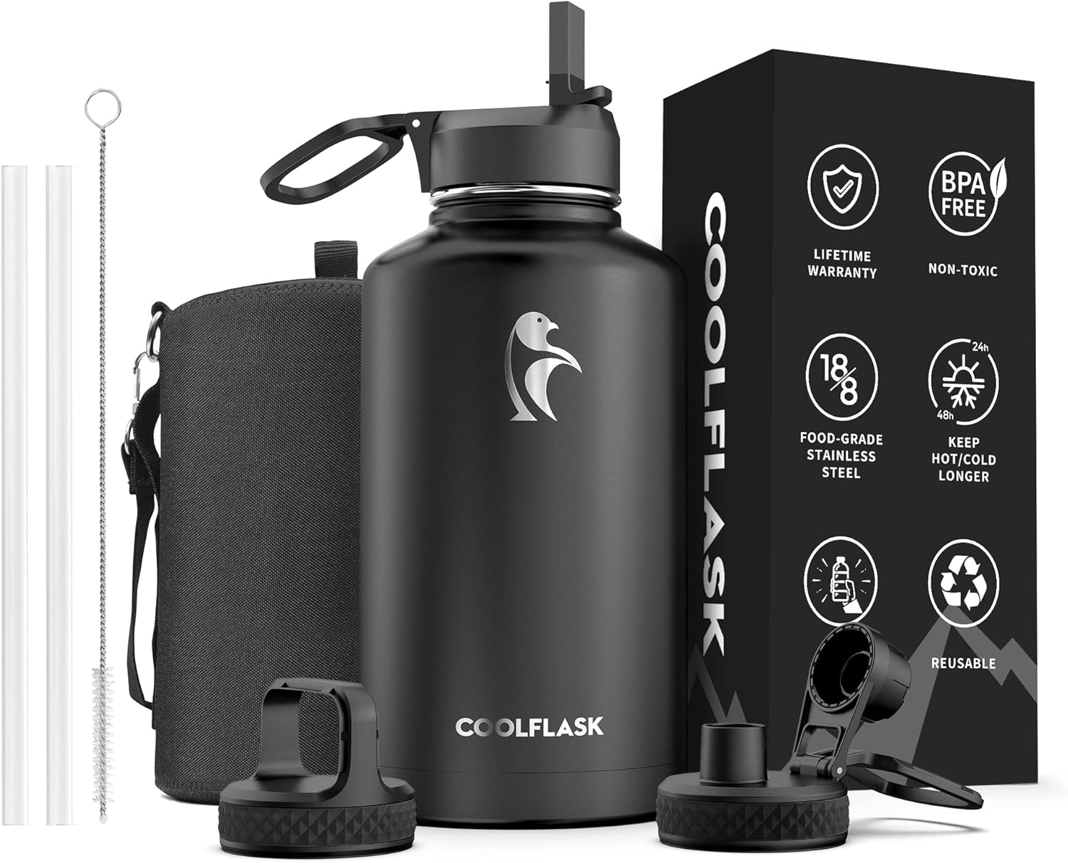 64 oz Water Bottle Insulated with Straw & 3 Lids, Coolflask Large Metal Stainless Steel Water Jug Big Half Gallon Wide Mouth for Sports, Gym or Office, Non-BPA Keep Cold 48H Hot 24H, Magic Black - Image 8